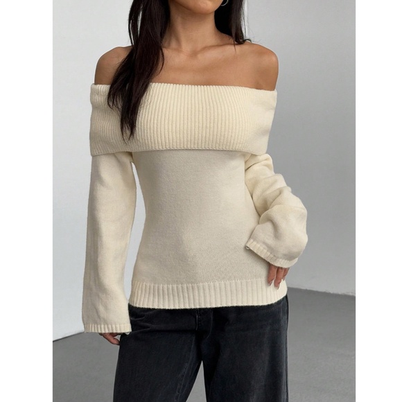 Cream Off The Shoulder Fold Over Sweater Pullover Knit Long Sleeve - Picture 5 of 13